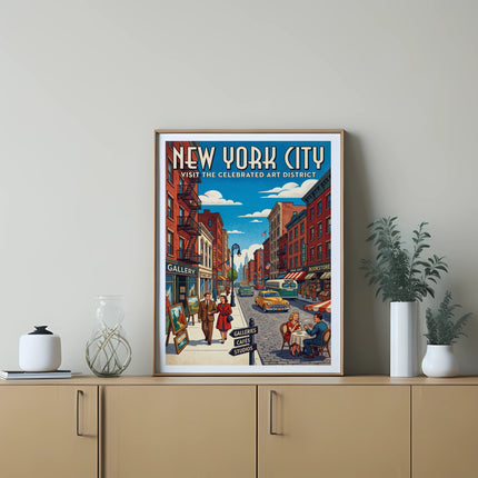 New York City art district poster with street scene and text.