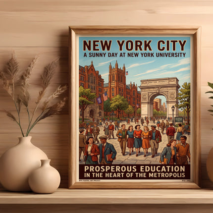 New York City University poster with people on sunny day.