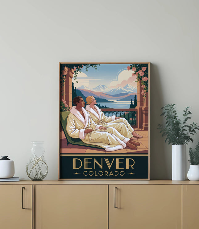 Art print featuring two people in robes overlooking a mountain landscape with "DENVER COLORADO" text.