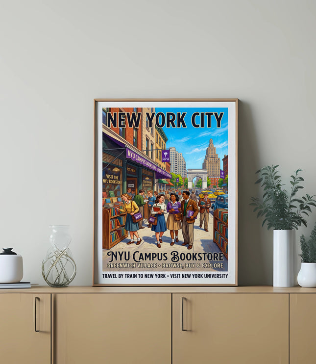Vintage style poster of NYU Campus Bookstore in New York City with students.