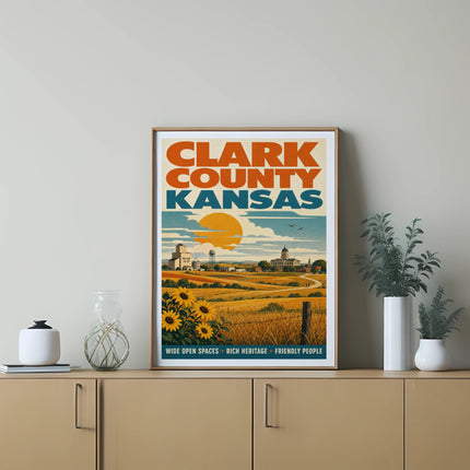 Clark County Kansas retro travel poster featuring sunflowers, farm, and sun.