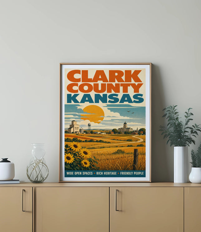Clark County Kansas retro travel poster featuring sunflowers, farm, and sun.