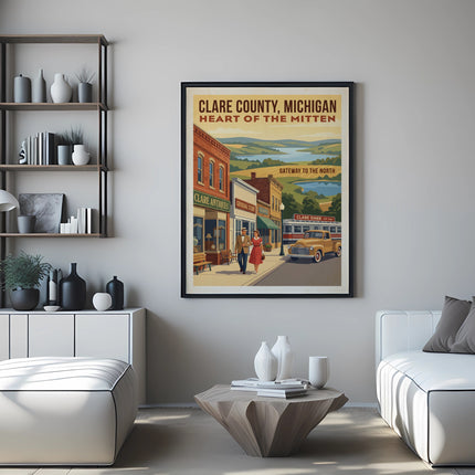 Framed poster of Clare County, Michigan with vintage street scene and text.