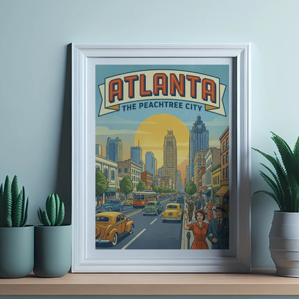 Framed poster of Atlanta with "The Peachtree City" text, featuring vintage cars and buildings.