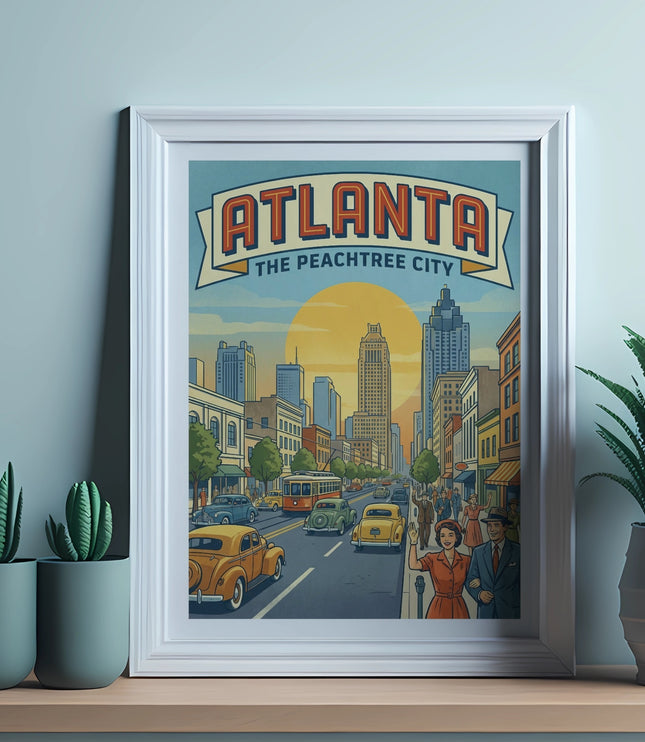 Framed poster of Atlanta with "The Peachtree City" text, featuring vintage cars and buildings.