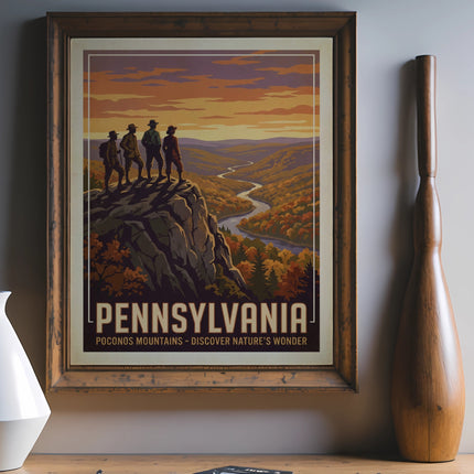 Pennsylvania Poconos Mountains vintage travel poster with hikers on cliff.