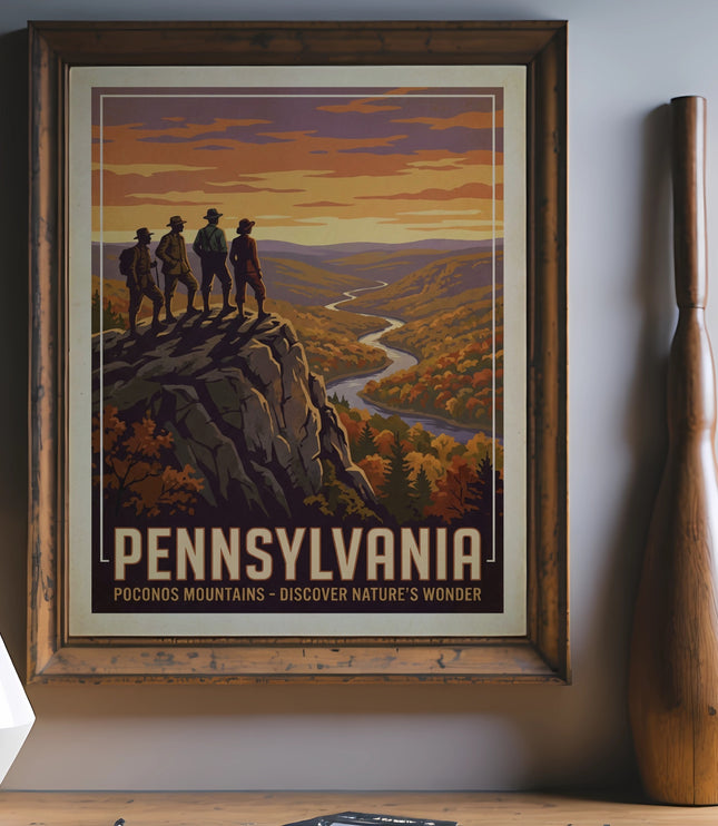 Pennsylvania Poconos Mountains vintage travel poster with hikers on cliff.
