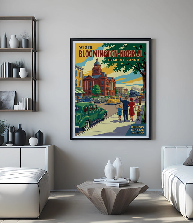 Vintage poster of Bloomington-Normal, heart of Illinois, with train and classic cars.