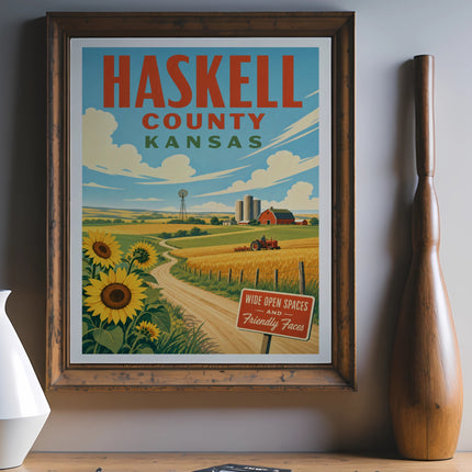 Haskell County Kansas vintage travel poster with sunflowers and farm scene.
