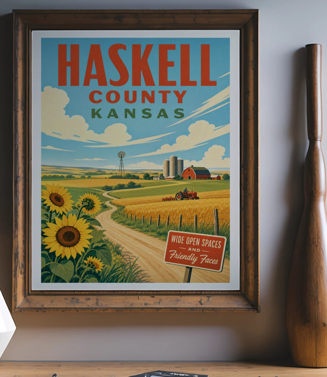 Haskell County Kansas vintage travel poster with sunflowers and farm scene.
