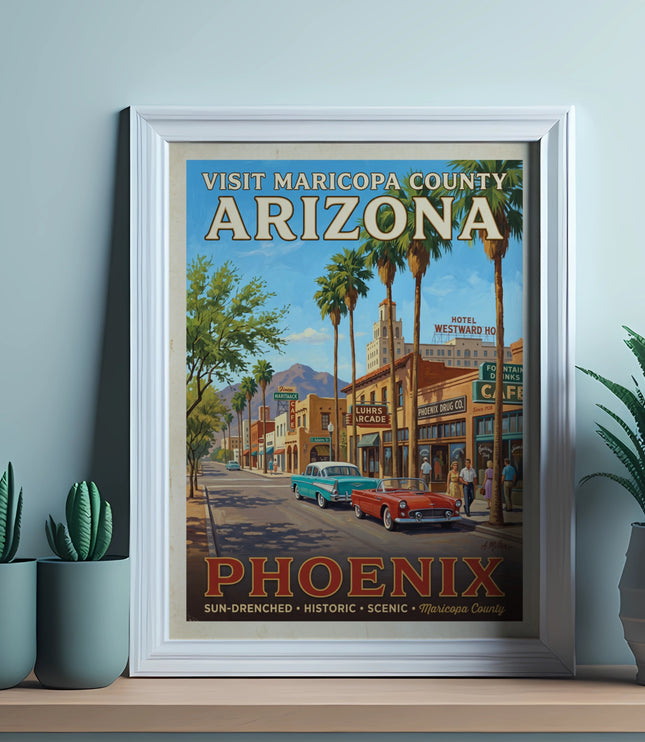 Vintage poster of Phoenix, Arizona street scene with palm trees and cars.