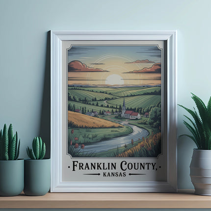 Framed artwork of Franklin County, Kansas landscape with a river and fields.