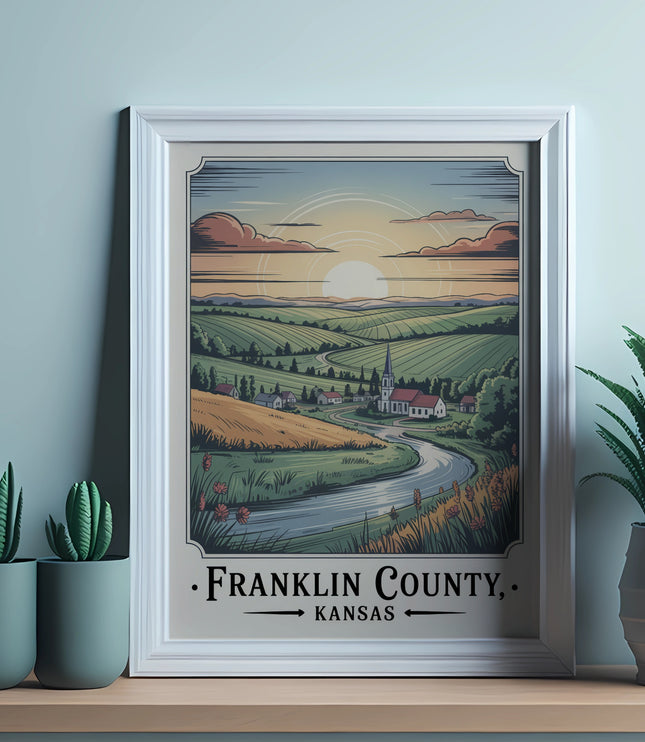 Framed artwork of Franklin County, Kansas landscape with a river and fields.