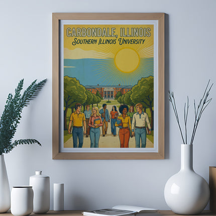 Carbondale, Illinois Southern Illinois University vintage poster with students walking.