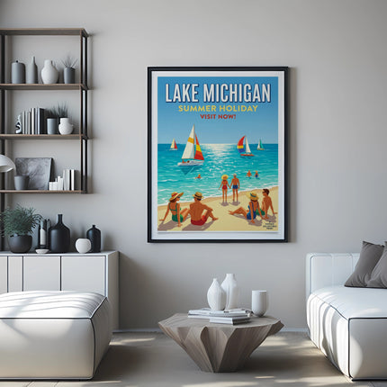 Lake Michigan Summer Holiday travel poster with beachgoers and sailboats.