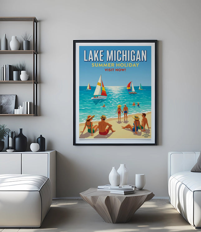 Lake Michigan Summer Holiday travel poster with beachgoers and sailboats.