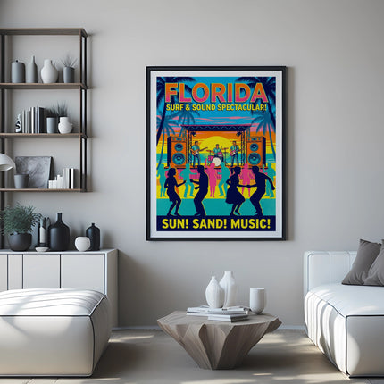 Framed "Florida Surf & Sound Spectacular" poster featuring colorful silhouettes of people dancing.