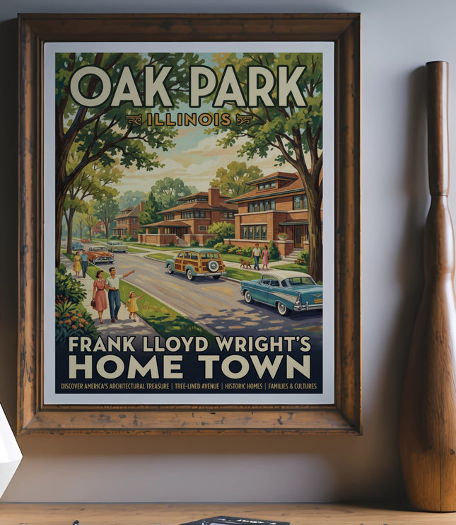 Vintage poster depicting Oak Park, Illinois, Frank Lloyd Wright's home town.