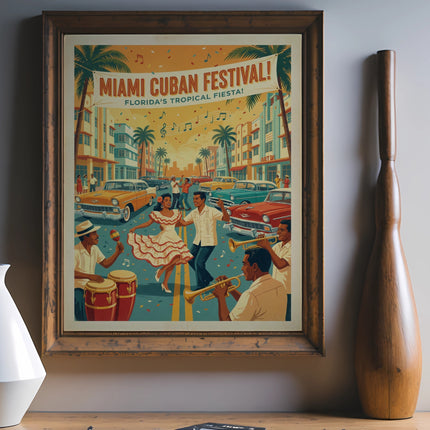 Miami Cuban Festival poster with colorful street scene, vintage cars, and musicians.
