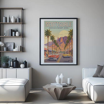 Vintage Scottsdale Arizona desert jewel travel poster with palm trees and cars.