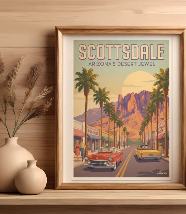 Framed Scottsdale Arizona Desert Jewel artwork featuring vintage cars and palm trees.