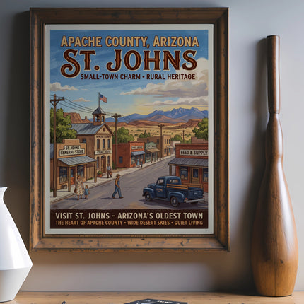 Vintage poster of St. Johns, Arizona, depicting a town street scene with old buildings and a truck.