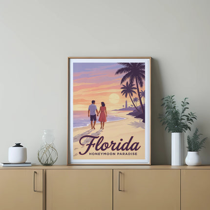 Couple walking on Florida beach at sunset with palm trees.