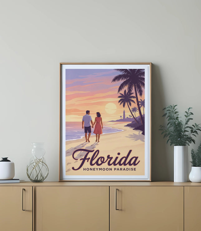 Couple walking on Florida beach at sunset with palm trees.
