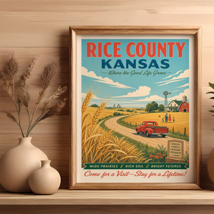 Vintage travel poster for Rice County, Kansas, showing wheat fields and a farmhouse.