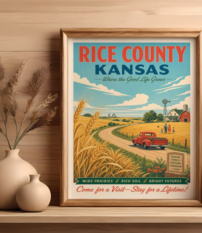 Vintage travel poster for Rice County, Kansas, showing wheat fields and a farmhouse.