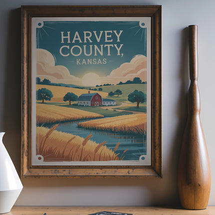 Poster for Harvey County, Kansas, featuring a rural landscape with fields, a barn, and a river.