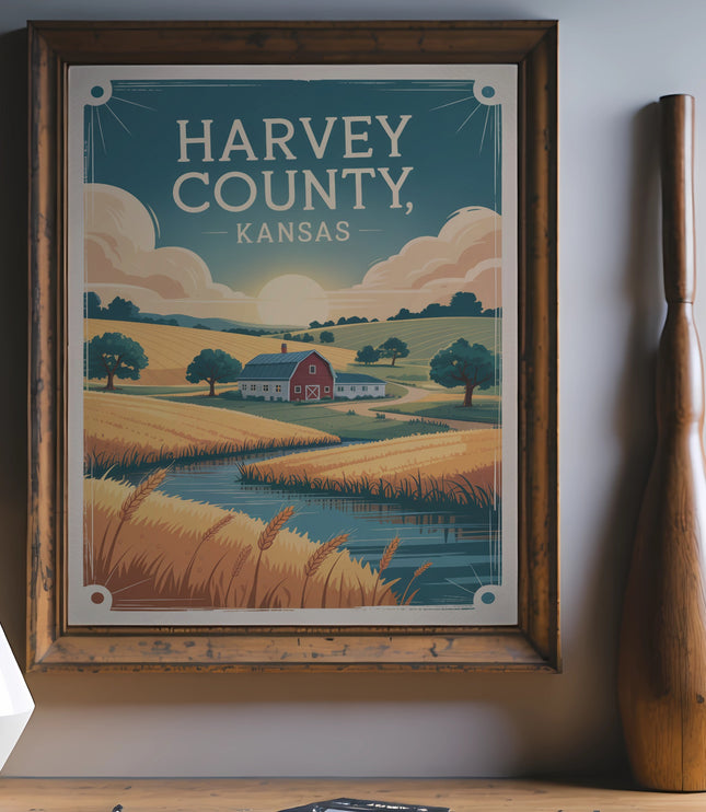 Poster for Harvey County, Kansas, featuring a rural landscape with fields, a barn, and a river.