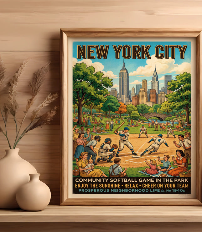 New York City skyline and park with a 1940s softball game and spectators.