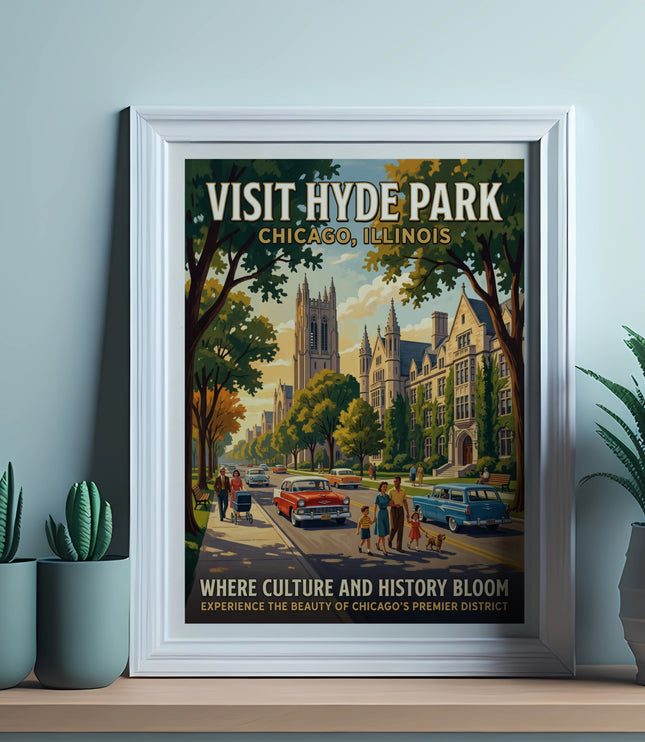 Vintage poster for Hyde Park, Chicago, depicting buildings, cars, and people on a tree-lined street.