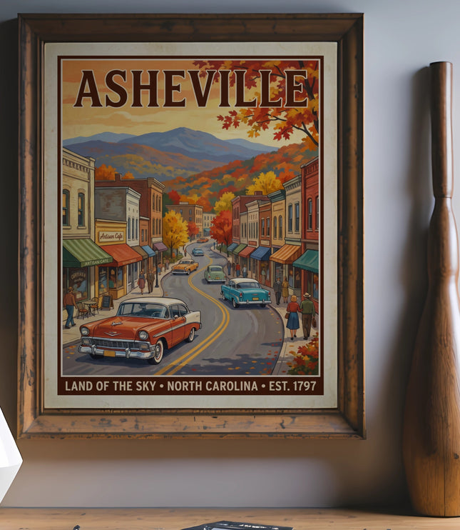 Poster depicting Asheville street scene with vintage cars and autumn foliage.