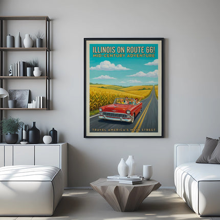Vintage Route 66 travel poster featuring a red convertible driving down a cornfield road.