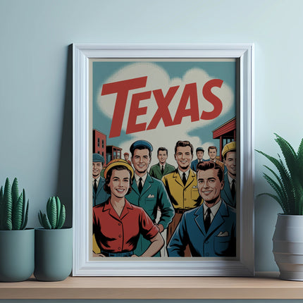 Framed retro art featuring a group of smiling people and "TEXAS" text.