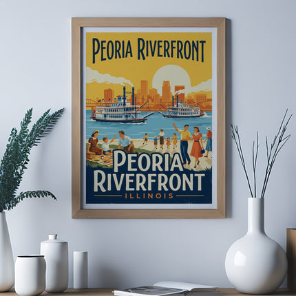 Vintage travel poster for Peoria Riverfront, Illinois, showing paddle boats and people.