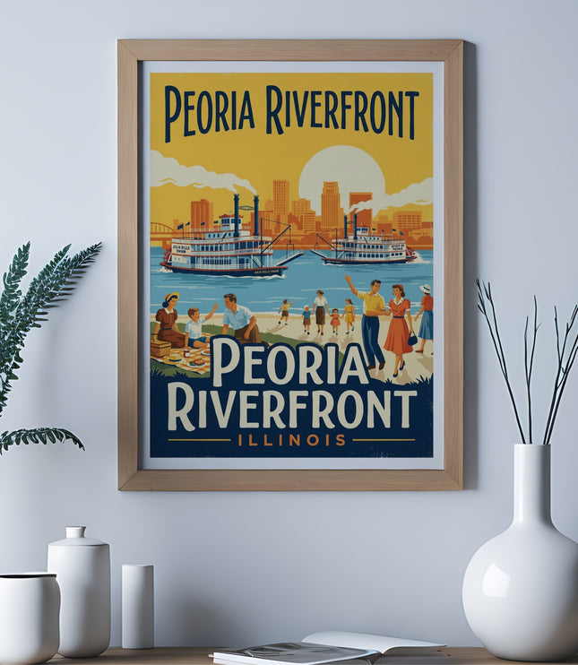 Vintage travel poster for Peoria Riverfront, Illinois, showing paddle boats and people.