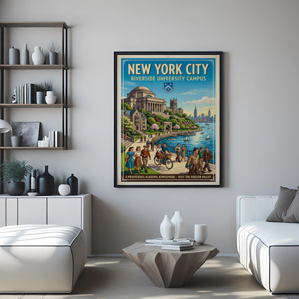 New York City Riverside University Campus poster with Hudson Valley illustration.