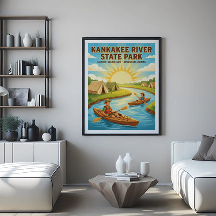Poster for Kankakee River State Park showing kayakers on a river at sunset.