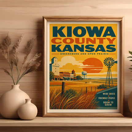 Kiowa County, Kansas travel poster featuring Greensburg, a windmill, and prairie landscape.