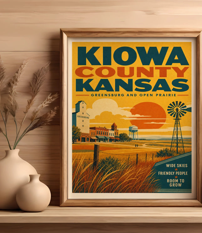 Kiowa County, Kansas travel poster featuring Greensburg, a windmill, and prairie landscape.