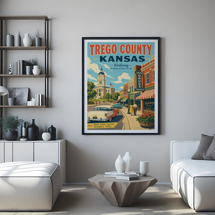 Retro poster for Trego County, Kansas, featuring WaKeeney with vintage buildings and car.