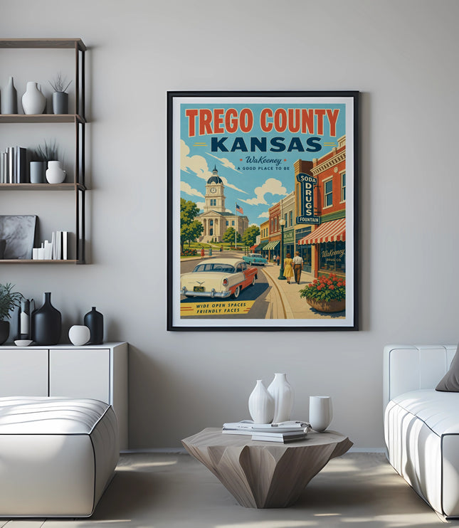 Retro poster for Trego County, Kansas, featuring WaKeeney with vintage buildings and car.
