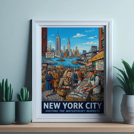 New York City waterfront market scene with fishmonger and shoppers, "New York City Visiting the Waterfront Markets."