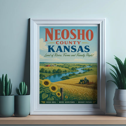 Neosho County Kansas poster with farmland, river, and text.