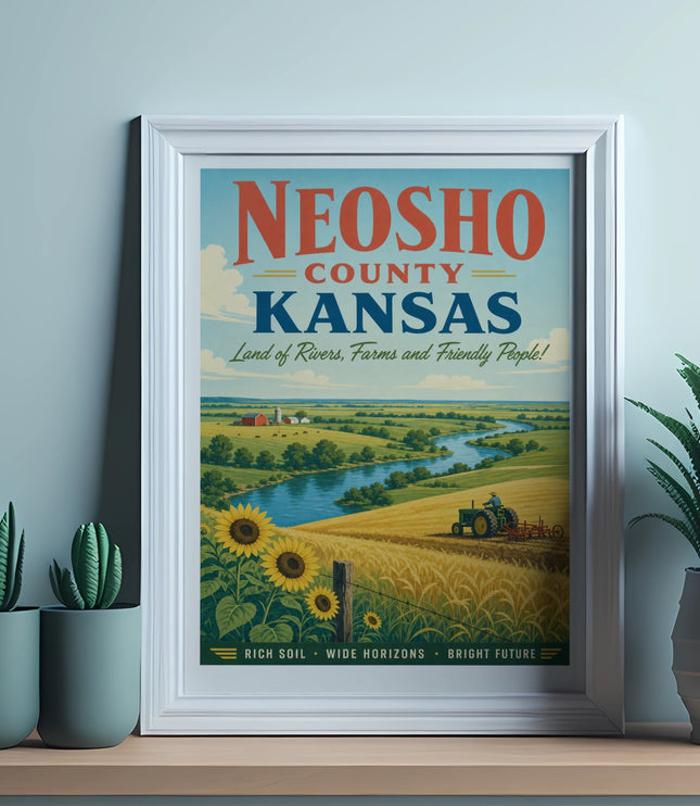 Neosho County Kansas poster with farmland, river, and text.