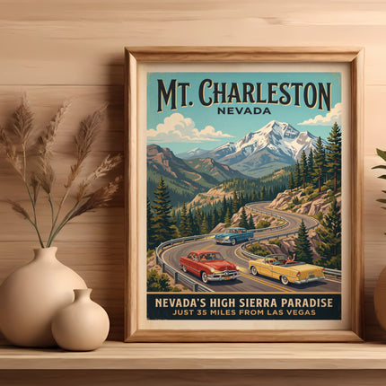 Vintage travel poster for Mount Charleston, Nevada, featuring cars on a winding road.