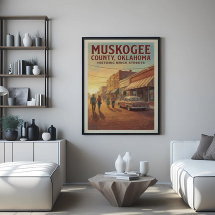 Poster of Muskogee County, Oklahoma historic brick streets with vintage car and couple.